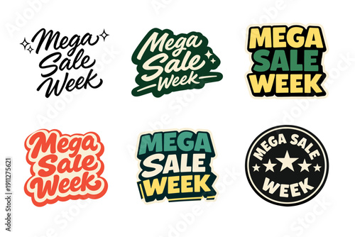 Mega sale week logos with bold typography and colorful designs