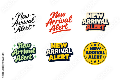 Bold new arrival alert logos in various colorful styles