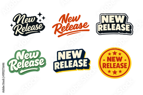 New release sticker designs in various fonts and colors