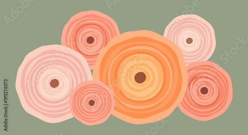 A flat illustration of a cluster flower arrangement, featuring layered petals and circular patterns, viewed from directly above in a simple environment.