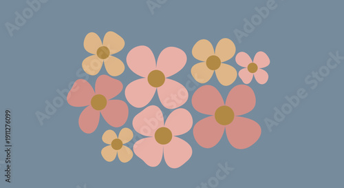 A flat illustration of a cluster of flowers in various shades of pink and yellow, arranged in a loose bunch.