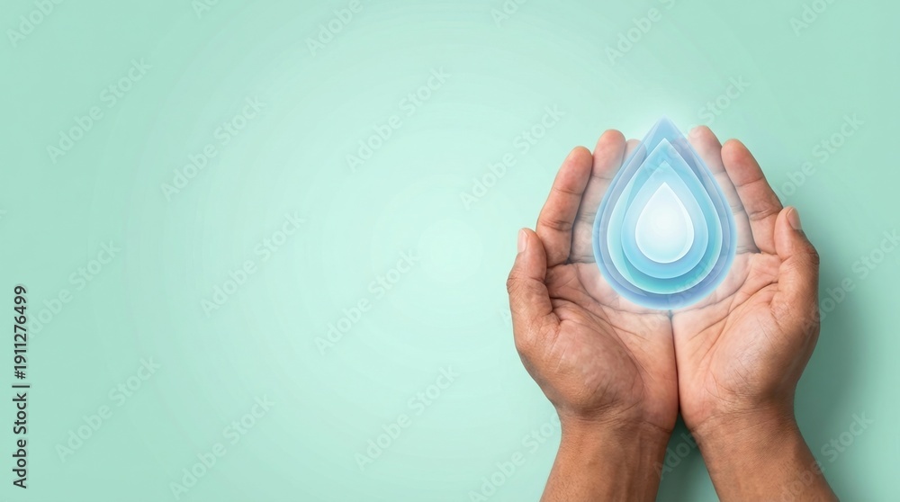 Fototapeta premium water drop, conservation, ecology, sustainability, hands cupping, environment, saving water concept for ecological protection and global resource management on a teal background.