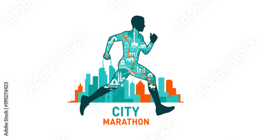 Dynamic Runner Silhouette With Integrated City Map And Skyline Graphic Design