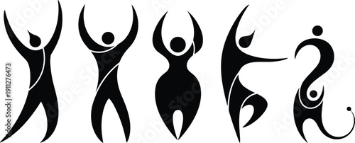 Abstract human figure silhouettes in dynamic poses, black vector icons symbolizing fitness, yoga, dance and active lifestyle
