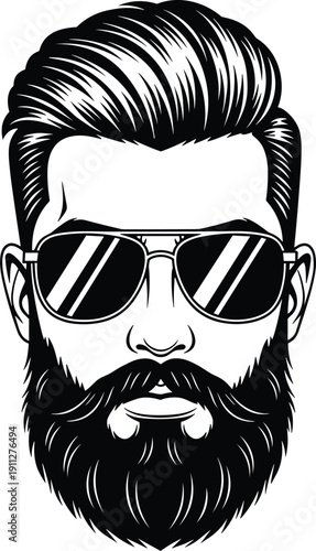 Bearded man with sunglasses portrait illustration, stylish male face black and white vector isolated on white background