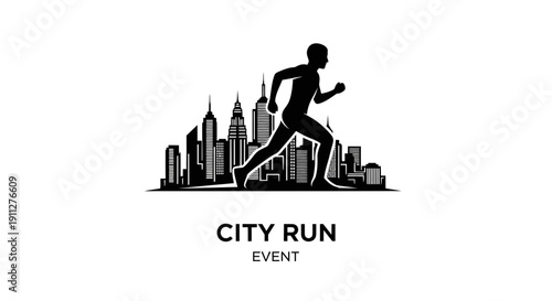 Dynamic Silhouette Runner Against Modern Cityscape Skyline Graphic