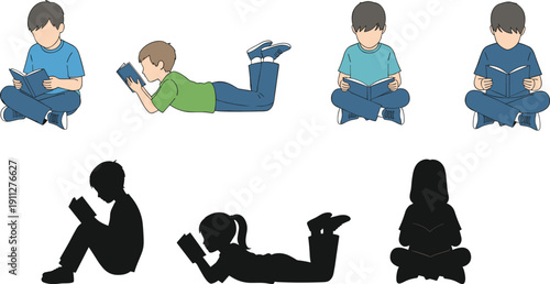 Children reading books in different poses, colorful and silhouette kids study illustration isolated on white background vector set