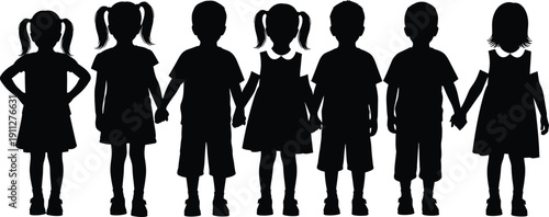 Children silhouettes holding hands, diverse boys and girls standing together isolated on white background unity friendship concept illustration
