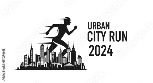 Dynamic Silhouette Runner Soaring Over Futuristic Cityscape For Urban Race Event