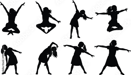 Collection of energetic girl silhouette poses dancing and jumping, black vector illustration isolated on white background for creative design