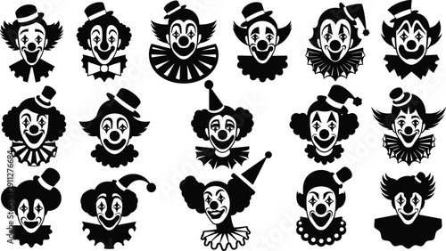 Clown face silhouette collection, circus joker head icons set, vintage carnival character masks isolated vector illustration bundle