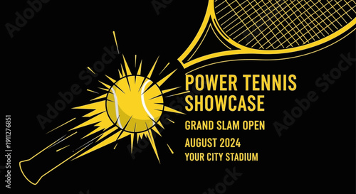 Dynamic Tennis Match Poster With Yellow Ball And Racket On Black Background