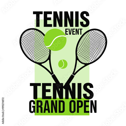 Dynamic Tennis Grand Open Event Logo Design With Rackets and Balls