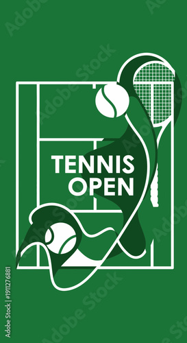 Dynamic Tennis Open Graphic With Racquet Ball and Court Elements