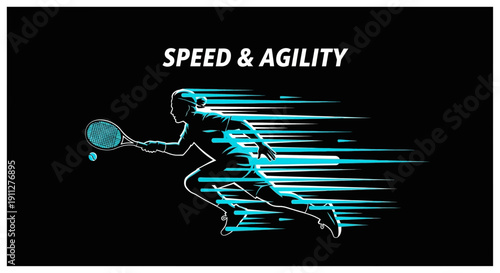 Dynamic Tennis Player Illustration Demonstrating Speed, Agility, and Athleticism on a Black Backdrop
