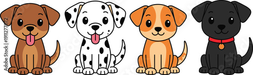 Cute cartoon puppy collection with different dog breeds, adorable pet characters isolated on white background vector illustration set