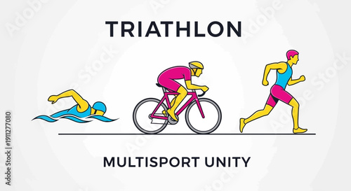 Dynamic Triathlon Illustration Featuring Swimming Cycling and Running Athletes