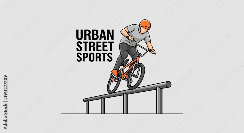 Naklejka premium Dynamic Urban BMX Rider Performing Grinds On Outdoor Rail Park