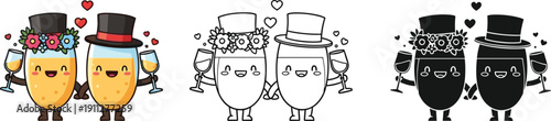 Cute wedding champagne glasses characters, bride and groom cartoon illustration isolated on white background vector set
