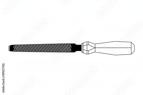 File's precision: A close-up outline of a steel file, showcasing its finely serrated surface and ergonomic handle, an essential tool for shaping and refining various materials.