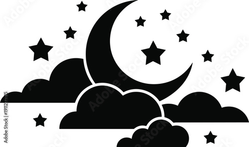 Black Night Sky Silhouette with Crescent Moon Stars and Clouds Isolated on White Background Professional Celestial Graphic for Nursery Decor Kids Bedtime Story and Sleep