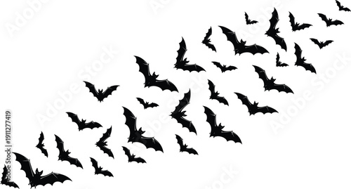 Flying bats silhouettes swarm, spooky halloween black and white vector illustration isolated on white background design