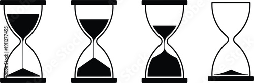 Set of Black Hourglass Silhouettes Isolated on White Background Detailed Sand Timer Vector Illustration for Time Management Deadline Pressure Professional Business Branding and History Logo