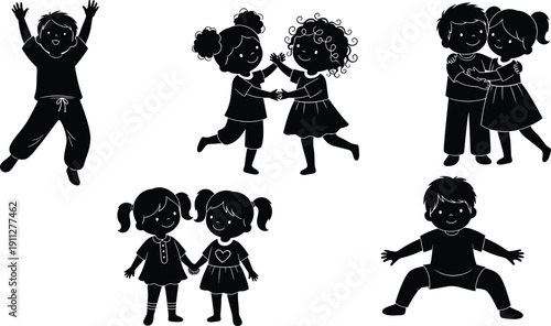 Happy children silhouettes playing and hugging, cute kids friendship black and white illustration isolated on white background