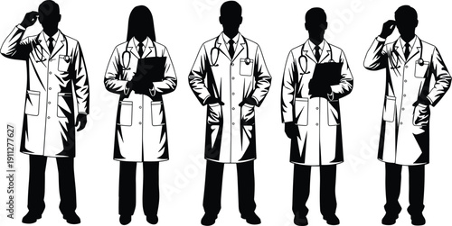 Medical team doctor silhouettes with stethoscope and clipboard, healthcare professionals standing isolated on white background illustration in black and white
