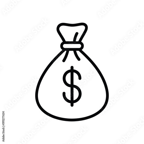 Simple black and white line drawing of a bag with a dollar sign