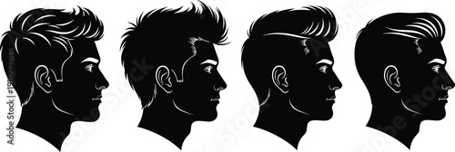 Men hairstyle profile silhouettes collection, stylish male haircuts side view black and white vector illustration isolated background