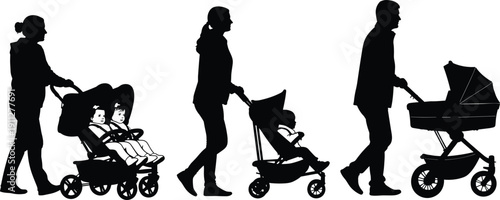 Parents pushing baby stroller silhouettes, mother and father with children pram isolated on white background black illustration