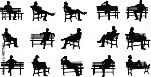 People sitting on park bench silhouettes collection, men relaxing in different poses isolated on white background illustration