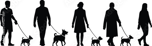 People walking dog silhouettes collection, men and women with pet on leash isolated on white background illustration