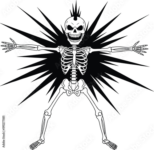 Punk rock skeleton with mohawk hairstyle and explosive background, black and white vector illustration for edgy tattoo design