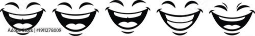 Smiling mouth icons set, happy laughing emoji faces collection, black silhouette expression symbols isolated on white background vector