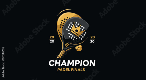 Elegant Padel Champion Finals Logo Design Featuring Rackets, Crown and Ball On Black Background