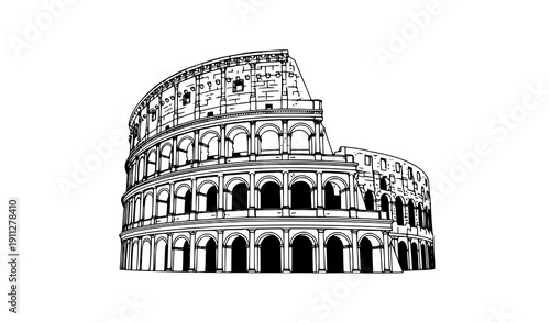 Colosseum Rome Detailed Black and White Line Art Illustration Isolated on White Background Vector
