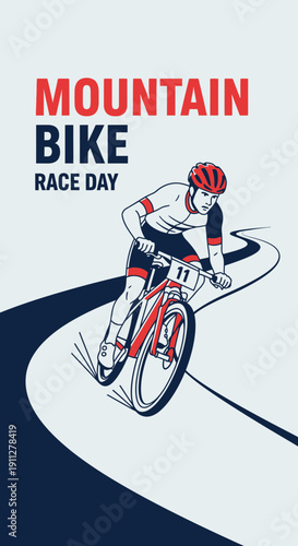 Energetic Mountain Biker Races on Winding Trail During a Competitive Cycling Event