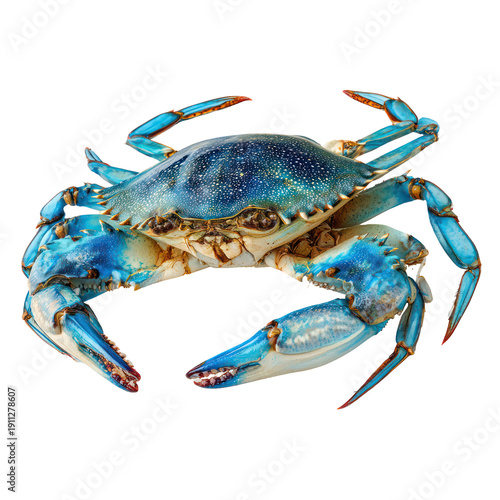 A vibrant blue crab on a transparent background