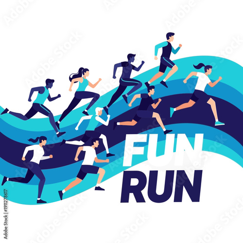 Energetic Runners Embark On a Joyful Race with Spiraling Graphic Elements Across a White Canvas