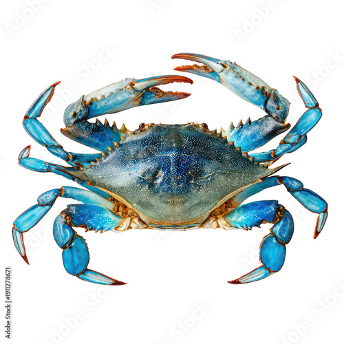 A vibrant blue crab on a transparent background