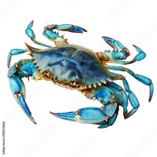 A vibrant blue crab on a transparent background, showcasing its unique shell pattern