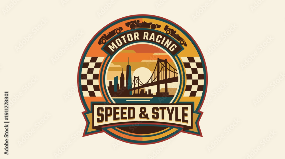 Obraz premium Vintage Motor Racing Speed and Style Emblem with City Skyline and Checkered Flags