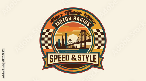 Vintage Motor Racing Speed and Style Emblem with City Skyline and Checkered Flags