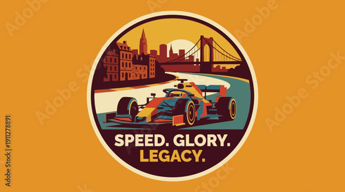 Racing car, cityscape, bridge and iconic text for sport and inspiration theme