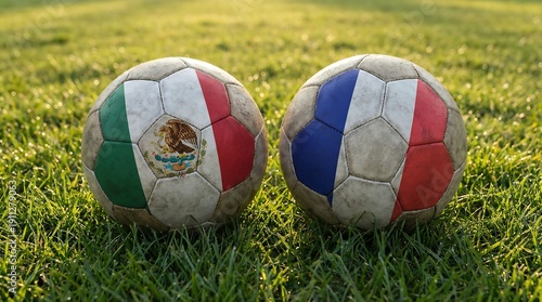 Two soccer balls showcasing mexico and france national team colors on grass field