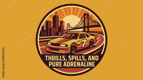 Racing car on a sunny bridge road with text Thrills, Spills, and Pure Adrenaline