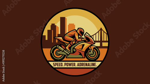 Motorcycle Racing Speed Power Adrenaline Cityscape Vintage Emblem Illustration