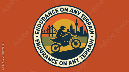 Endurance On Any Terrain Motorcycle Adventure Scenic Cityscape Sunset Circular Logo